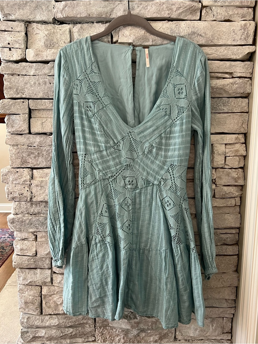 Free People Boho V-Neck Long Sleeve Mini Dress in Dusty Teal